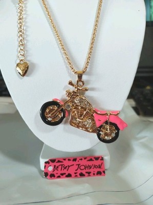 Betsey Johnson Gold & Pink Crystal Motorcycle Pendant  Gold Chain Necklace New