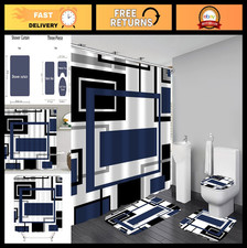 4 Pcs Blue Geometric Shower Curtain Set with Rugs  Toilet Lid Cover - Modern Ba