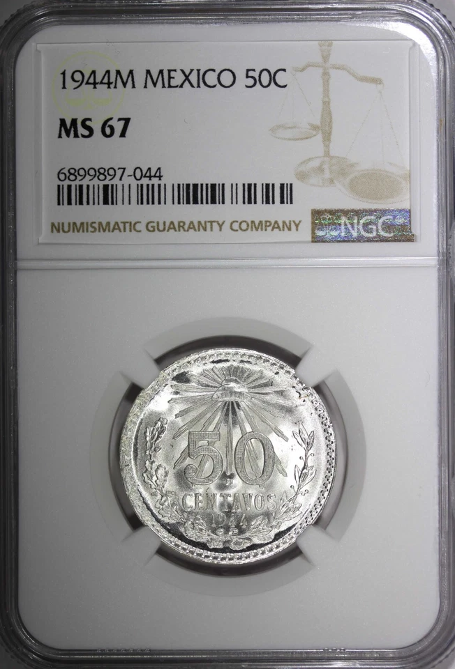 México ESTADOS UNIDOS Plata 1944 M 50 Centavos NGC MS67 GEMA BU KM# 447 (4) Foto 2 de 4