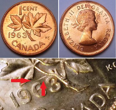 1963 HANGING 3 ERROR Canada Small Cent (Penny) BU, MS62-65 Grade