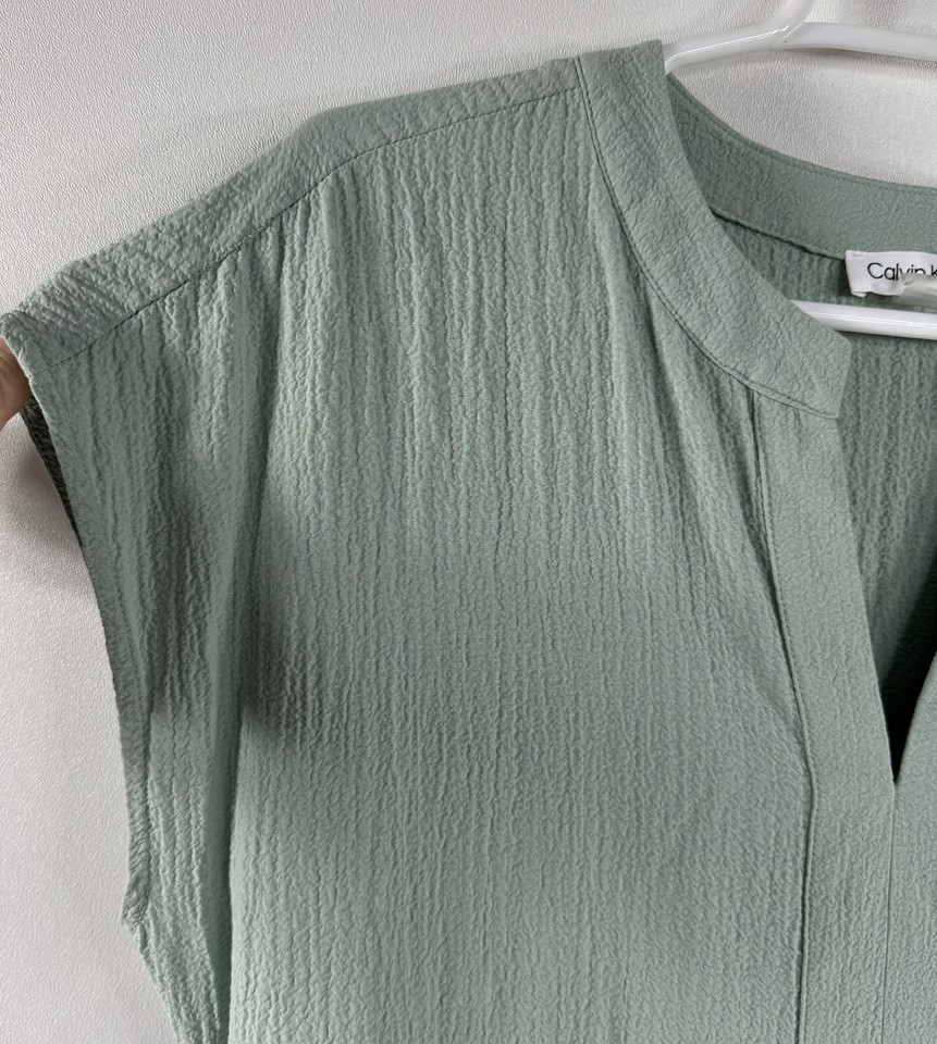 Calvin Klein Sage Green boho beach crinkle tiered dress sz 10 coastal