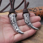 Wolf Fang Tooth Spike Pendant Necklace Leather Rope Vintage Viking Men's Jewelry