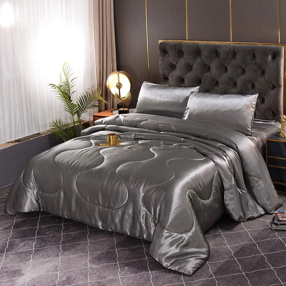Silver Silk Comforter Set for Queen Bed Luxury Super Soft Bedding