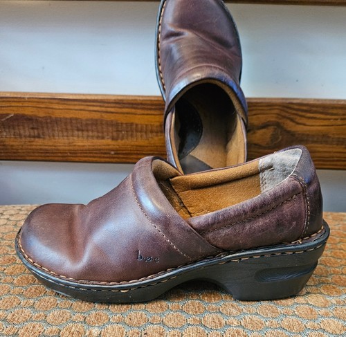 Women's Leather BOC Born Brown Shoes Size US 7M, EUR 38 Slip On Wedge Heel - Picture 3 of 9