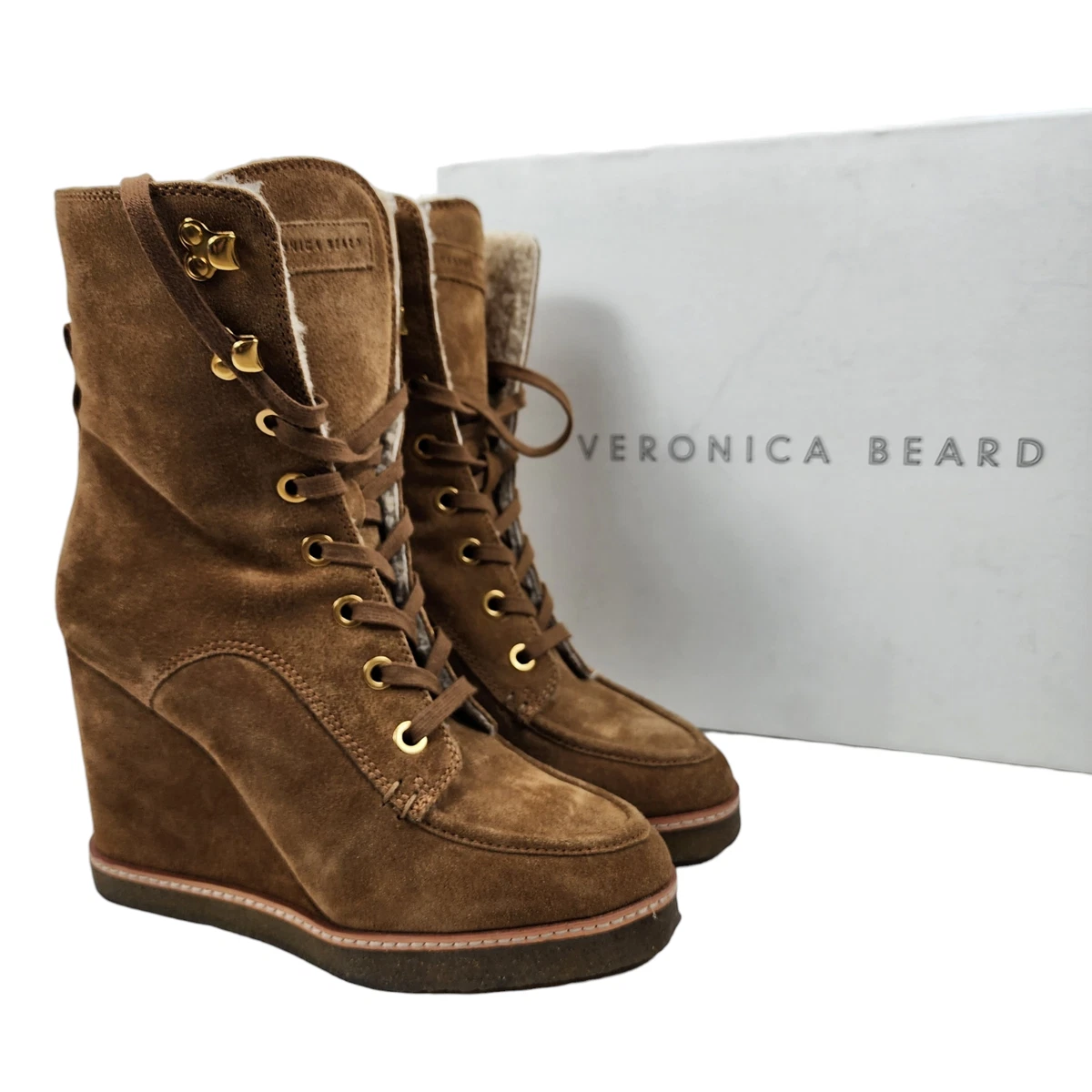 NEW 495 Veronica Beard Womens Ananya Suede Wedge Boots Shearling