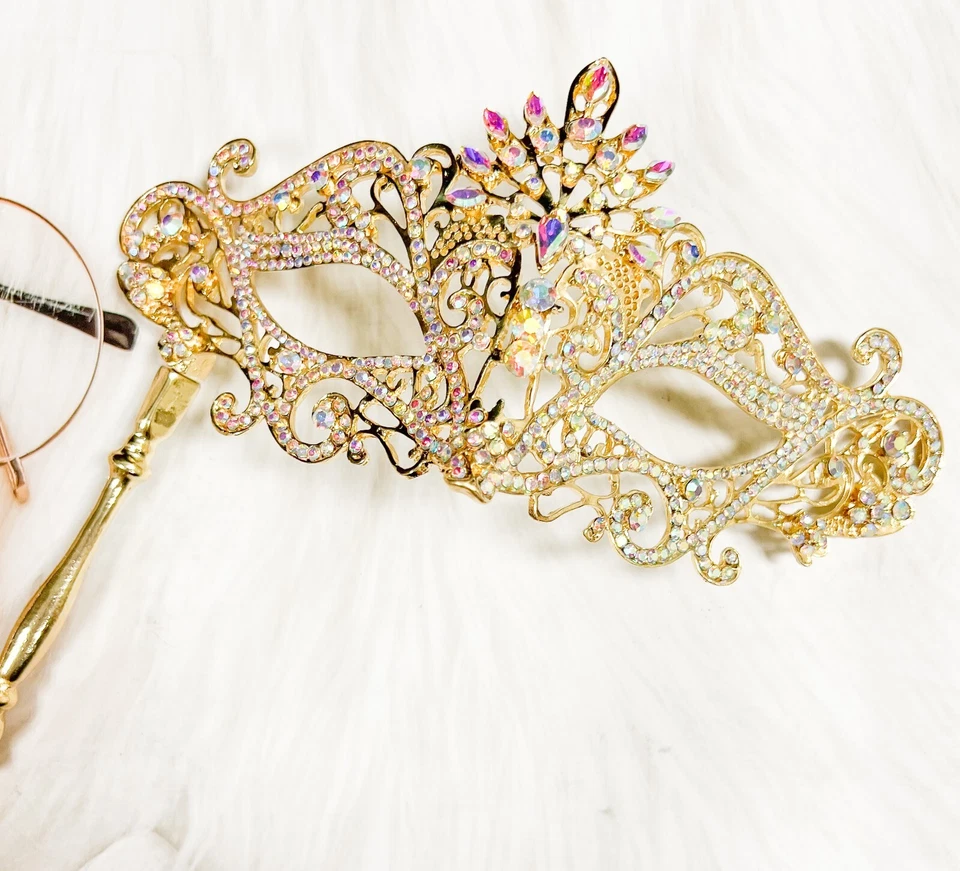 Masquerade Mask with Stick, Luxury Crystal Mask, Rhinestone Yellow Gold Mask - Image 4 of 4