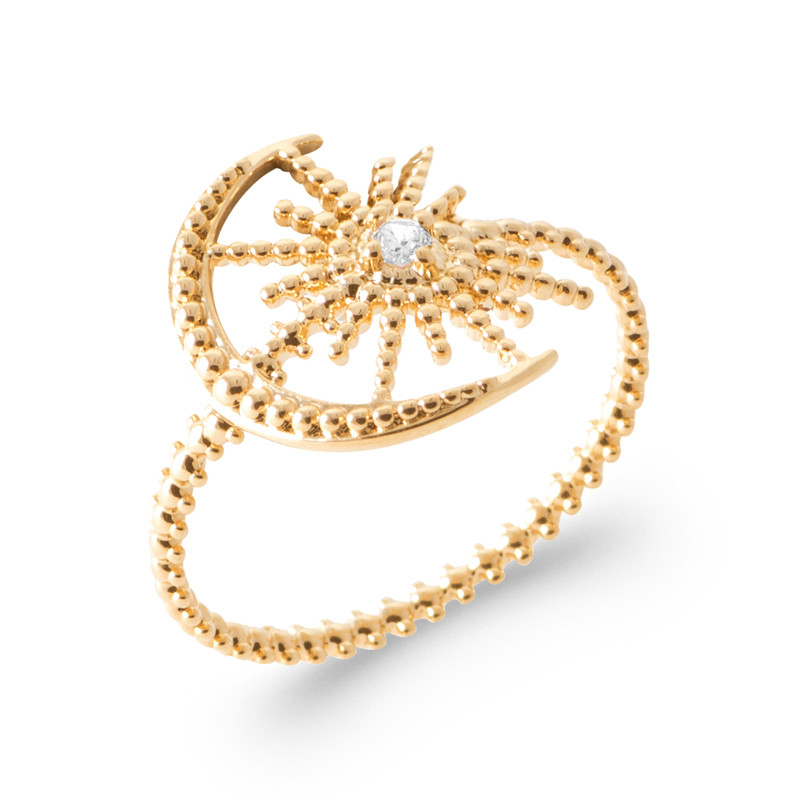 Bague croissant de lune & soleil anti-ternissement plaqué or 18 carats taille 60 sans nickel