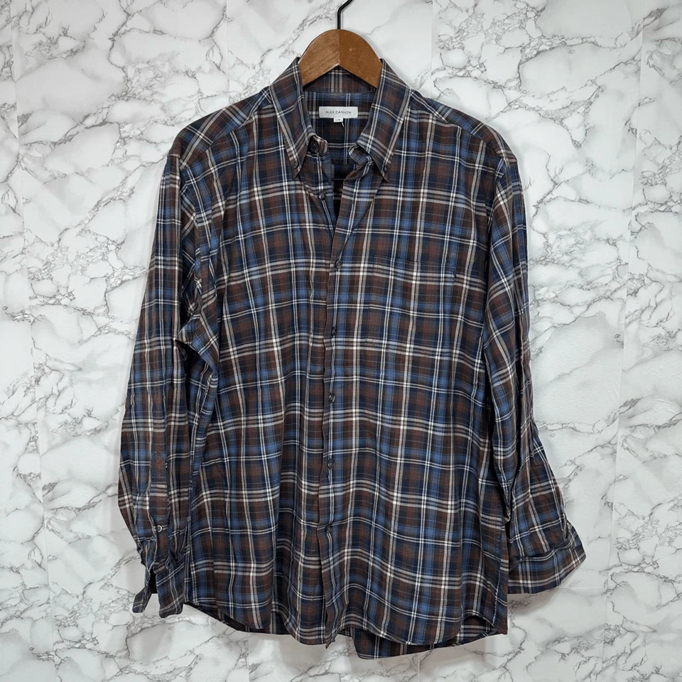 Camisa casual masculina Alex Cannon tamanho G xadrez algodão botão para baixo #F270 - Imagem 4 de 4