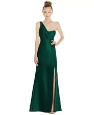 $257 Alfred Sung Hunter Green Shantung One Shoulder Pleated Gown 6 NEW A484