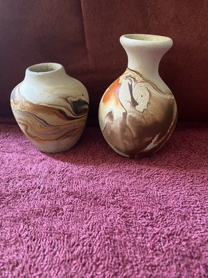 Nemadji Pottery:Two Vases:Water Flow Pattern: 4 tall:Handmade W/Trible Stamp