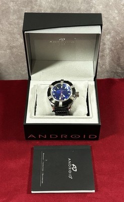 Android AD552 Oversize Diver Blue Dial 500M Mens Watch Black Leather Strap w Box