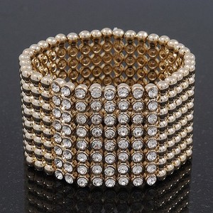 Authentic Polished Gold Plated Bead Diamante Flex Bracelet - 17cm Length