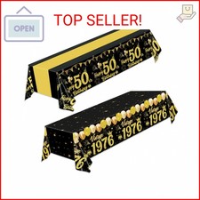 Oigco 2 Pack 50th Birthday Tablecloth, Black and Gold Happy 50th Birthday Decora