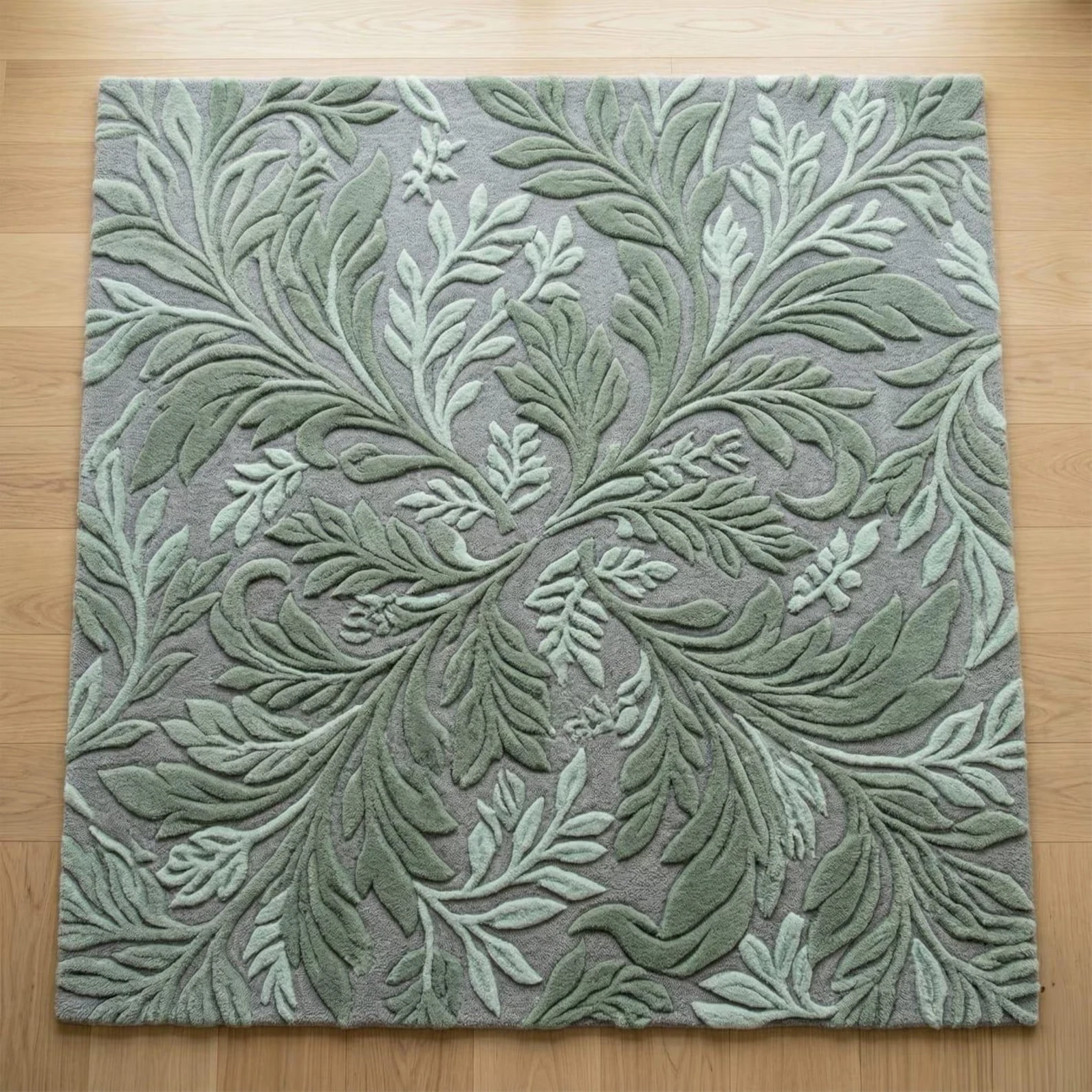 Sage Green Gray Hand Tufted Wool Rug, Botanical Leaf Area Rug for Living Room