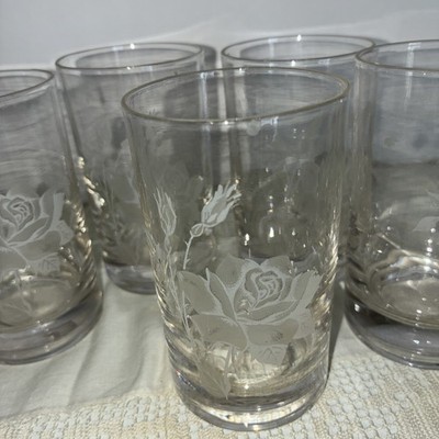 Set of 5 Vintage LIBBEY Embossed WHITE ROSES Floral Juice Glasses
