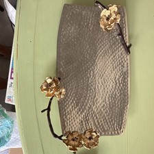 Hammered Metal Rectangular Serving Tray w Floral Handles, Silver/Gold 18x9"