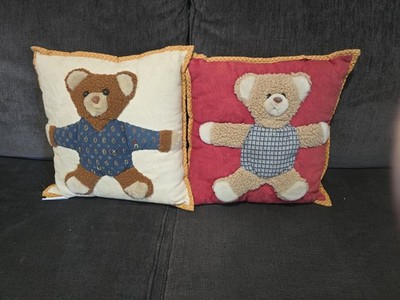 Set of 2 Teddy Bear Folk Art 3-D Plush  Pillow Covers  14'' x 14''