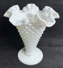 Fenton White Hobnail Milk Glass 8" Footed Vase Trumpet/Cone Shape #3958 Unsigned