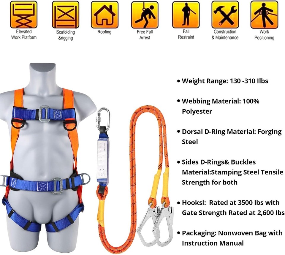 Fall Protection Kit: Full Body Roofing Harness with Lanyard | eBay