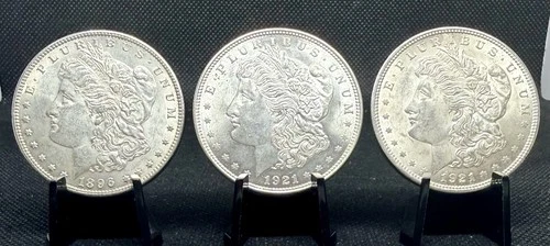 (1) 1896 & (2) 1921 90% Silver Morgan Dollars (AU-BU Condition) Lot of 3!