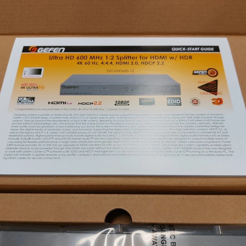 Gefen Ultra HD 600 MHz 1:2 Splitter for HDMI w/HDR 4K 60Hz, 4:4:4 HDMI 2.0 HDCP - Image 2 of 4