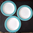 3 VTG PYREX MILK GLASS TURQUOISE BLUE W/GOLD BAND 10" DINNER PLATES
