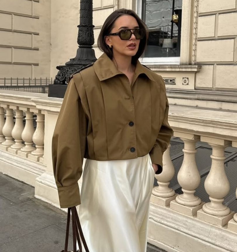 Zara ZW Collection Pleated Cropped Jacket Olive Green Khaki M L