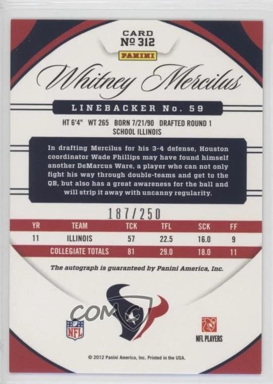 2012 Certified Mirror Red Signatures /250 Whitney Mercilus #312 Rookie Auto RC - Image 2 of 2