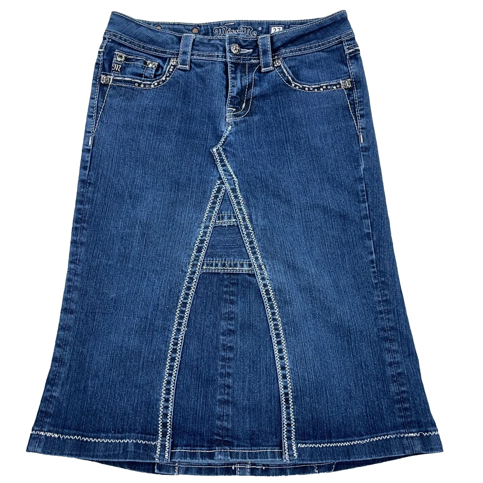 Falda Miss Me Mujer Talla 27 Denim Jean Hasta la Rodilla Bolsillos con Solapa Occidental Foto 2 de 4