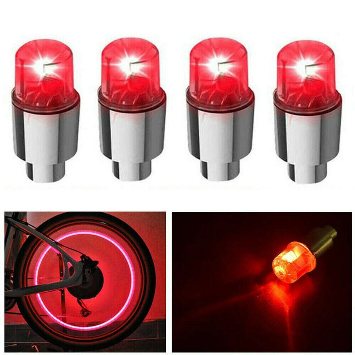 4 Red LED Car Wheel Tire Valve Stem Caps – Auto Tyre Air Light Covers, 12V Universal