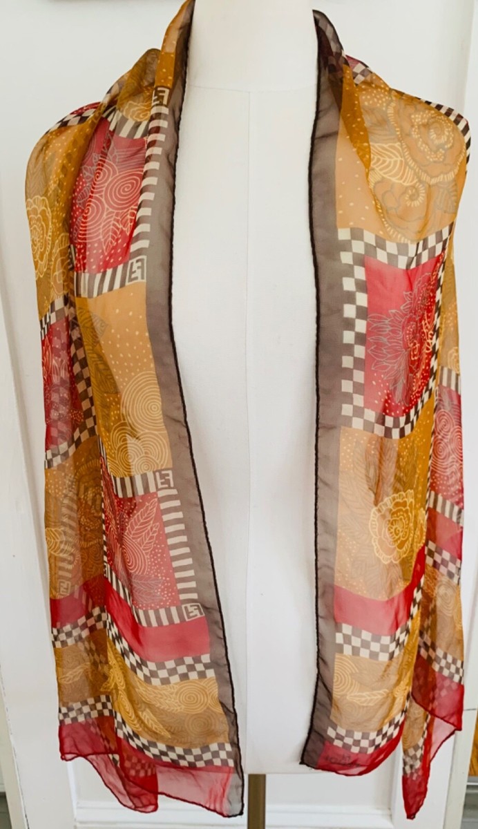 FENDI Scarf Silk Flower/Signature Pattern Brown/Orange/Red/Bone
