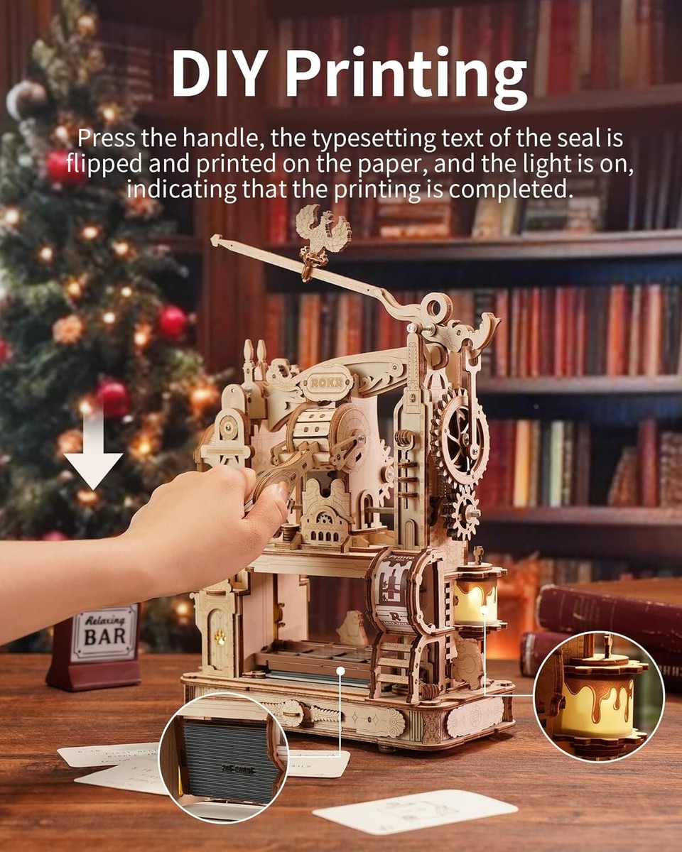 Rokr 3d diy wooden puzzle printing press mechanical model kit kids toy xmas  gift