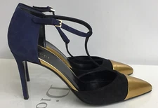 Gucci Black Navy Suede Gold Toe T-Strap Heels Point Toe Stiletto Size 37.5
