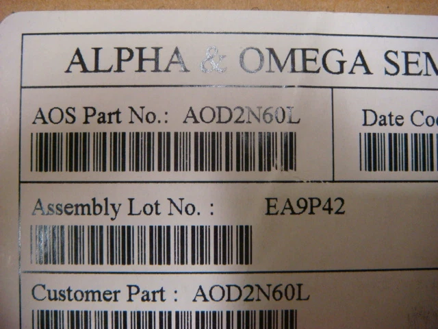 ONE REEL 2500 pcs AOD2N60L [600V, 2A] N-CH MOSFET's - Pb Free - New & Unused - Image 2 of 4