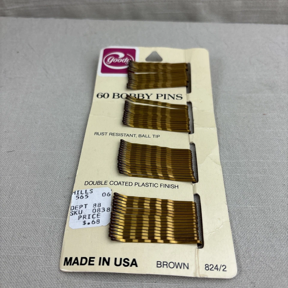 Vintage 1982  Goody Hair Retro Bobby Pins Made In USA Brown Ball Tip 60 Ct New - Image 2 of 4