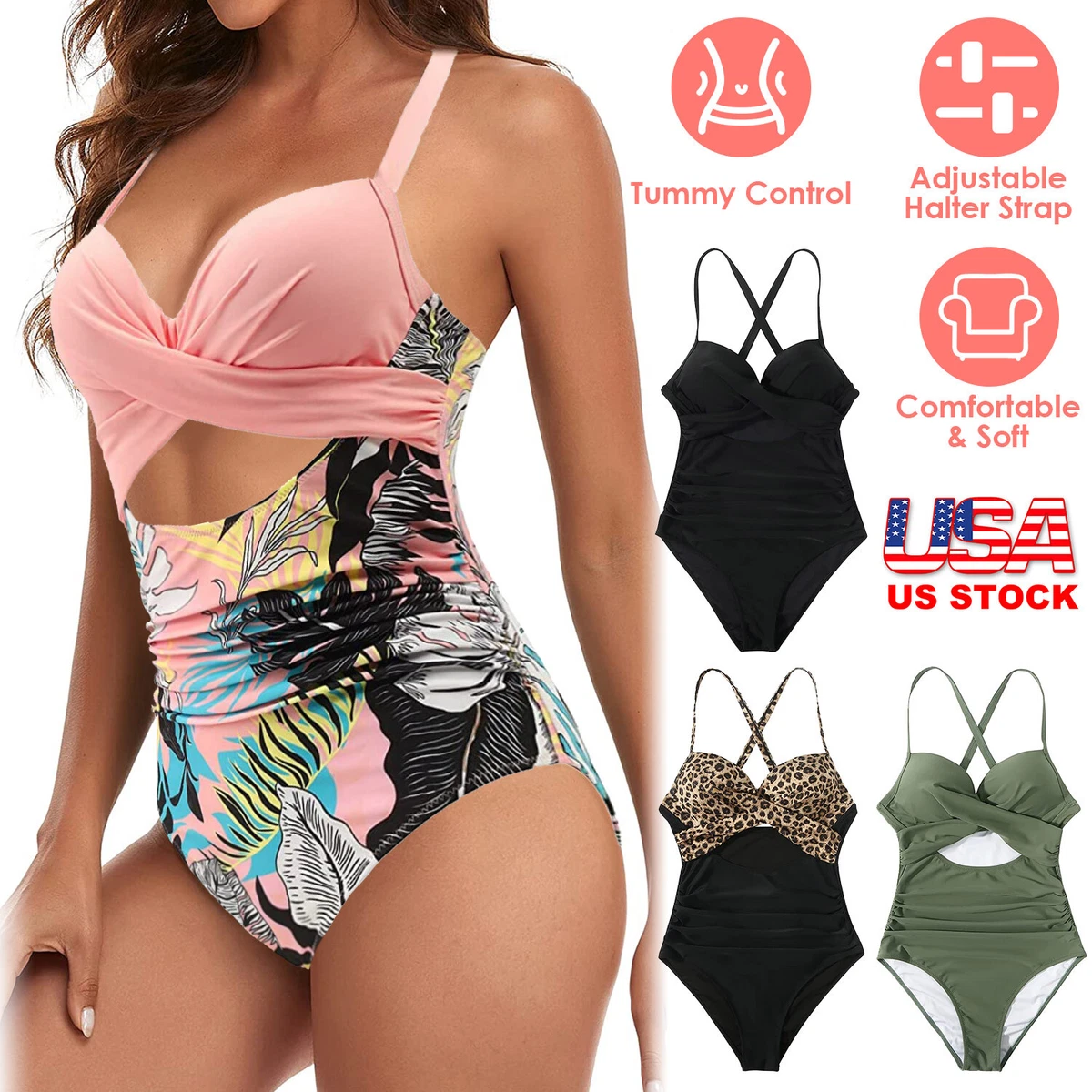 Sexy One Piece Swimsuit Women's Beachwear Tummy Control High Waist Bathing  Suit