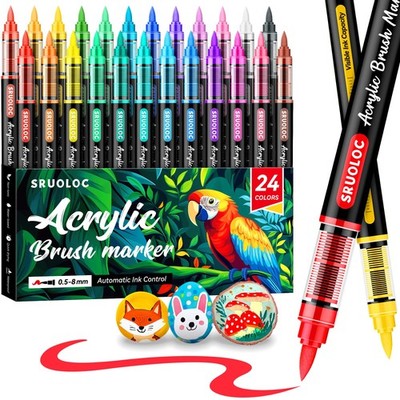 24 Colors Acrylic Paint Markers, Brush Tip Automatic Ink Control Acrylic Pain...