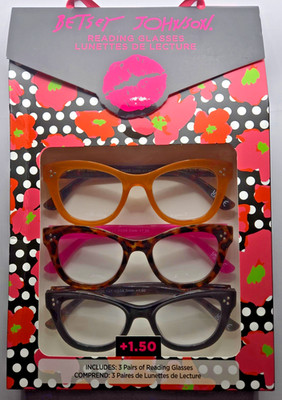 3 Pair Betsey Johnson Readers NEW Reading Glasses Amber Tortoise Black +1.50