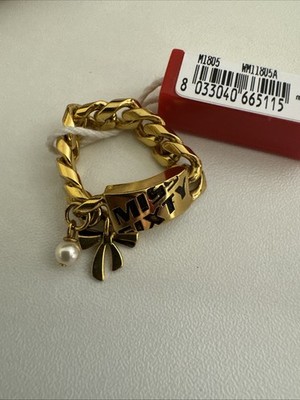 NWT Miss sixty Gold Chain Logo Charm Bow Pearl Ring