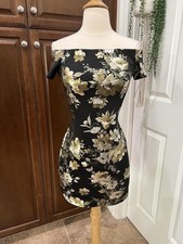 VTG Y2K Windsor Dress Black Gold Floral Off The Shoulder Mini Dress Made USA S