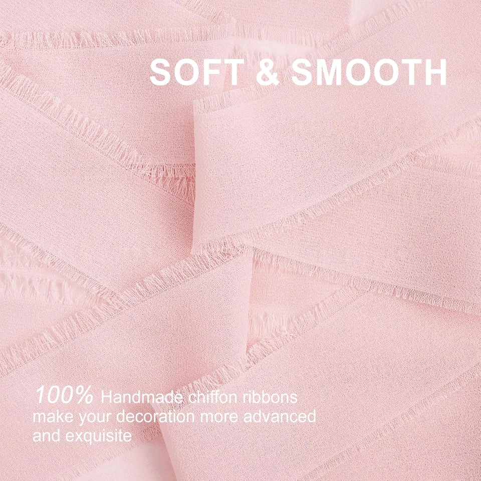 Blush Pink Chiffon Ribbon 1.5 Inch X 3 Rolls Total 21 Yards Handmade Fringe Silk - Image 3 of 4