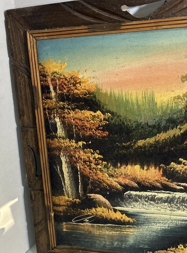 Vintage Velvet Painting Rustic Frame Nature Forest Scene Buck Deer and waterfall - Afbeelding 13 van 18