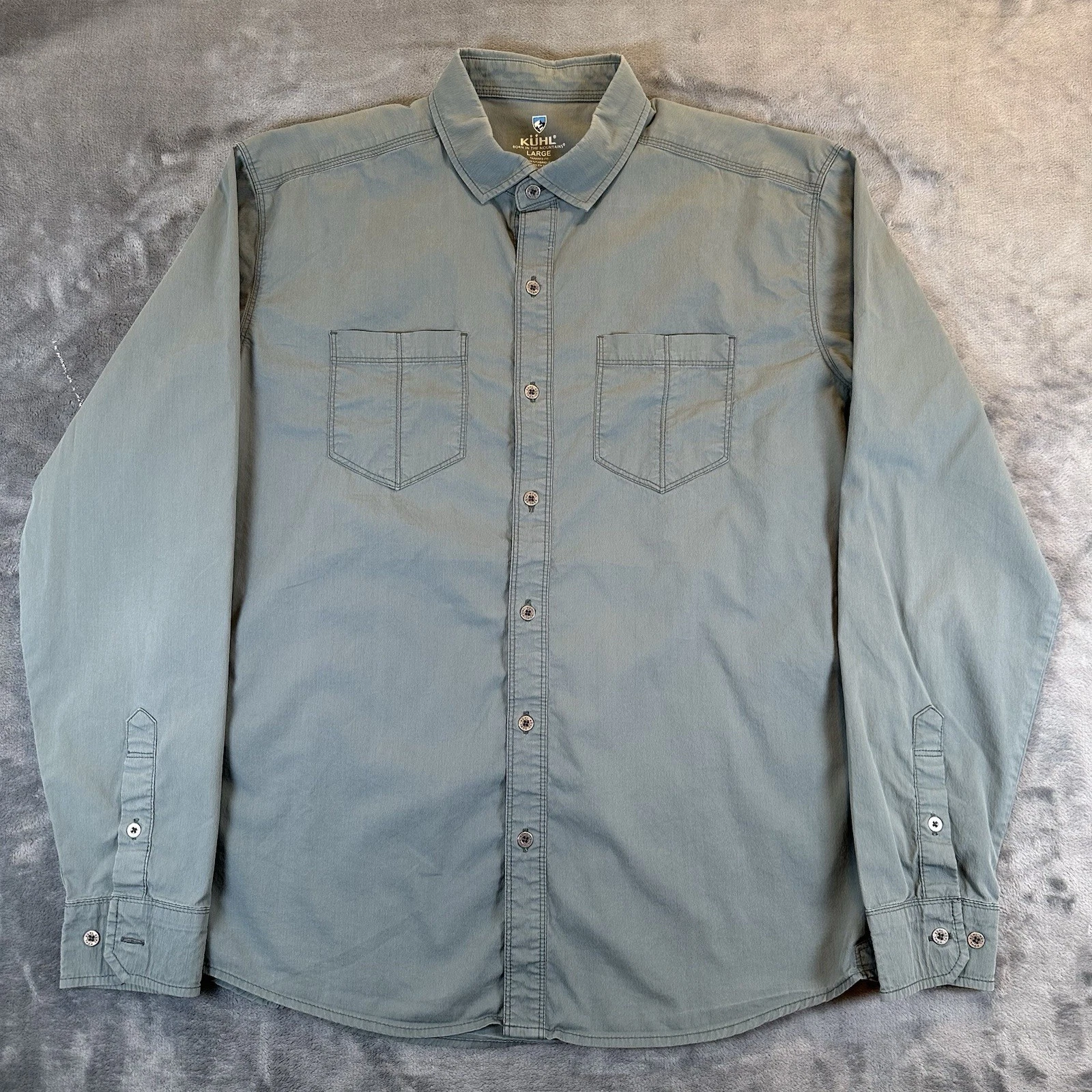 KUHL Shirt Mens L Gray Long Sleeve Button Up Cotton Nylon Hiking Outdoor