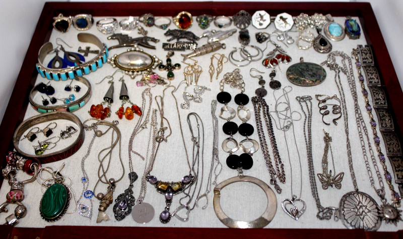 542-Grams of Sterling Silver Jewelry Resale Lot, Earrings, Pins, Rings Not Scrap