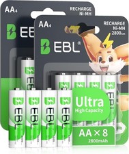 Rechargeable AA Batteries - 2800mAh NiMH 8 Count - Long Lasting Power