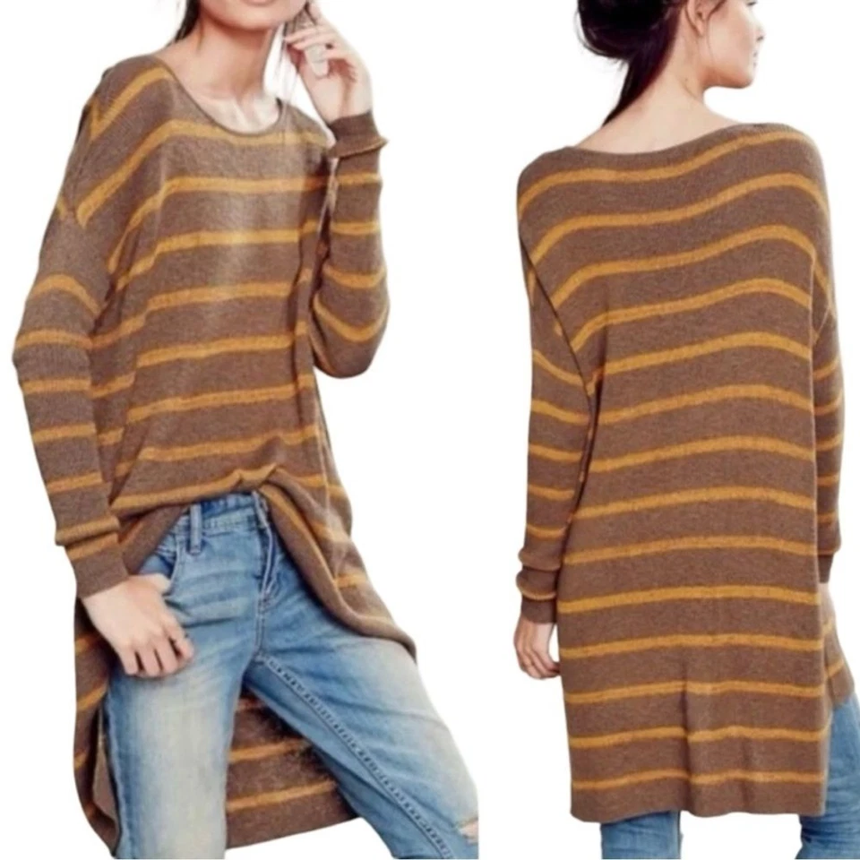 FREE PEOPLE Brown Yellow Stripe Pullover Tunic Oversized Knit Sweater Dress L - Image 2 of 4