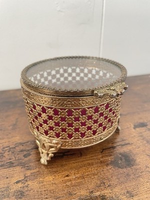 Vintage Round Hollywood Regency Gold Filigree Beveled Glass Jewelry Trinket Box