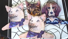 4 Annie Rhinehart Wood Cut Animal Hangers - Pigs Cat  Dog