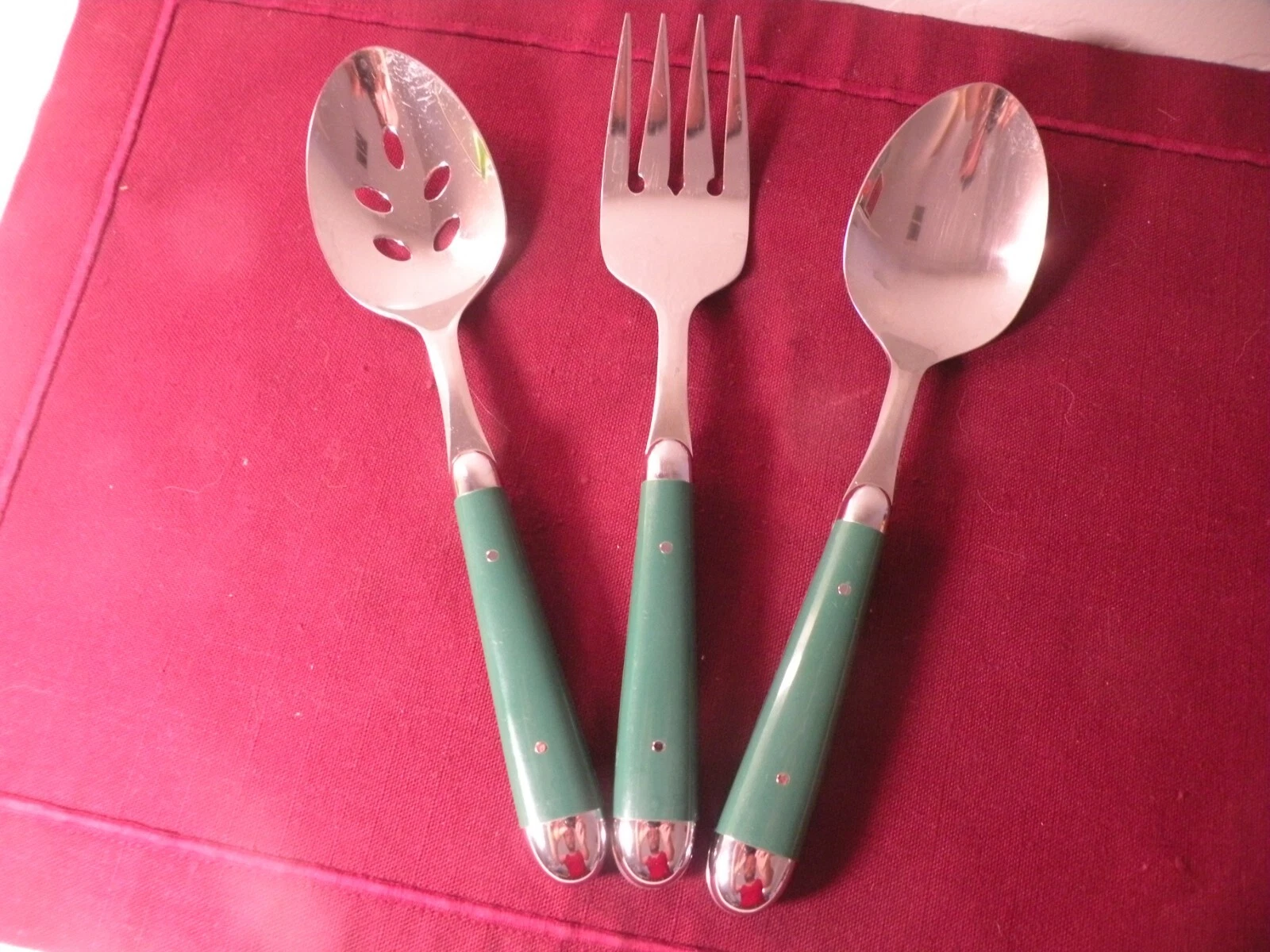 3 Piece Serving Set Oneida Silver Palette-Hunter Green Stainless Spoons Fork