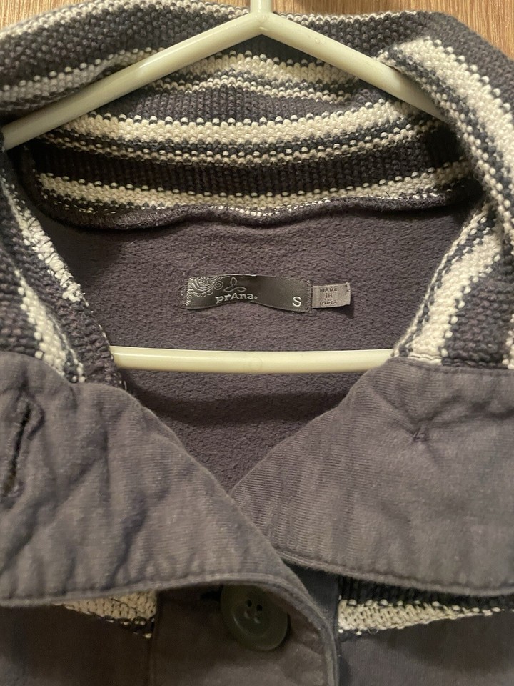 Prana Rowen Jersey Knit Jacket Mock Neck Blue Gray Woven Blanket Detail